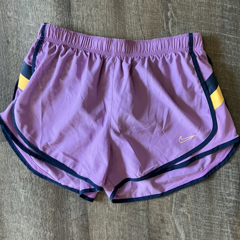 Nike Dri-FIT Purple Running Shorts Womens Medium Navy Yellow Trim Mesh Liner